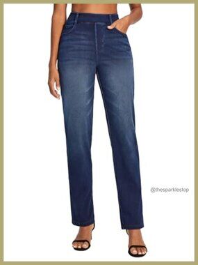 Stretchy Straight Leg Pull On Jeans with Tummy Control, 5 Pockets, 2 Lengths